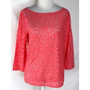 Loft Orangey Melon Lace 3/4 Sleeve Round Neck Casual Career Top Small NEW